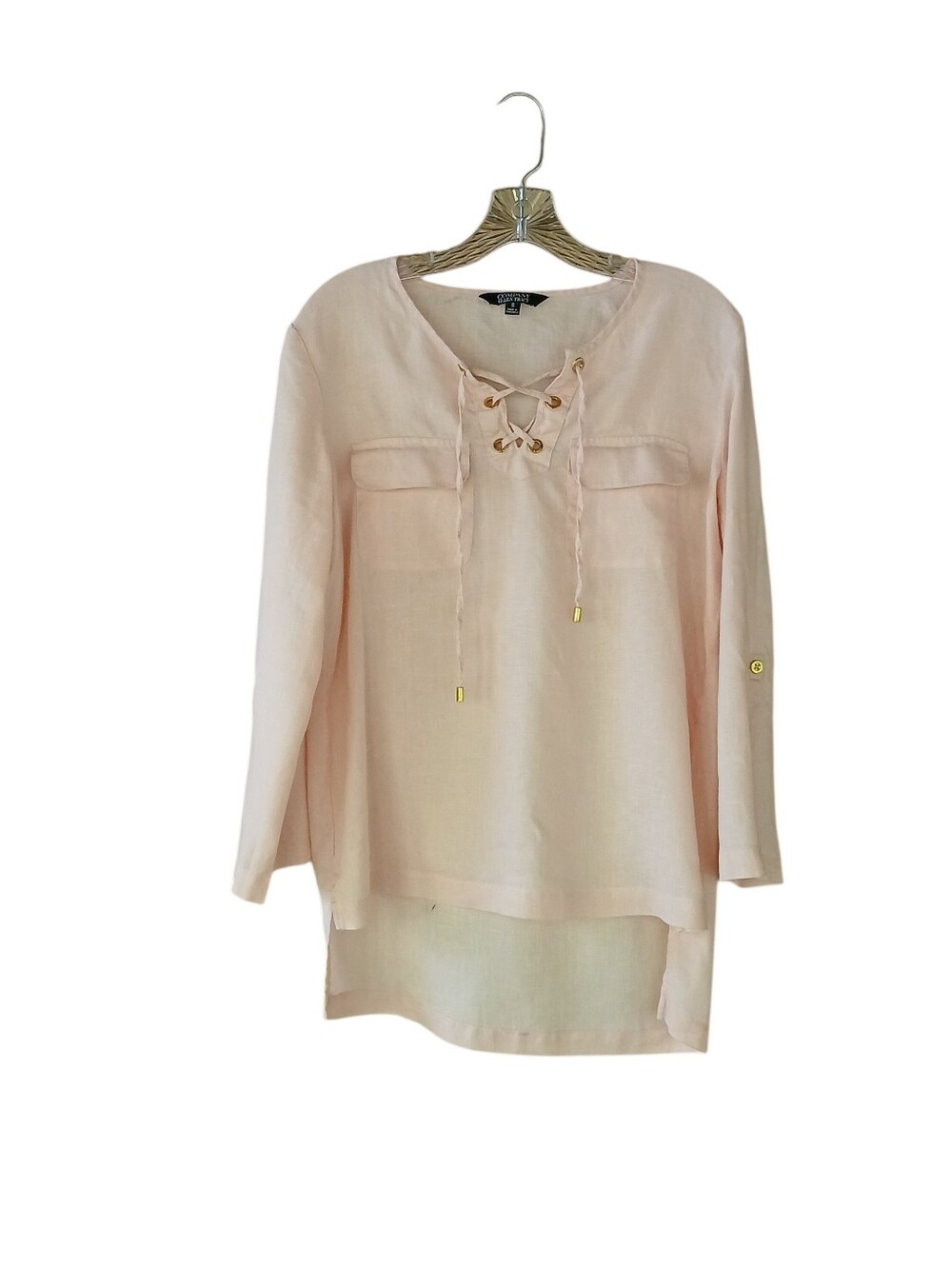 Company Ellen Tracy Pink Laced Neck Long Sleeved Linen Tunic Size Small